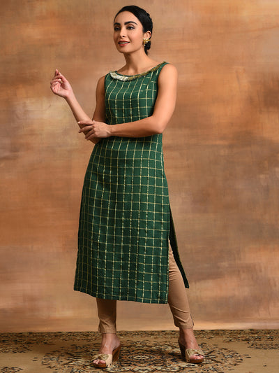 Green Woven Design Checked Kurta