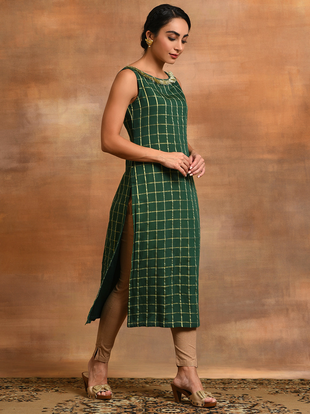 Green Woven Design Checked Kurta