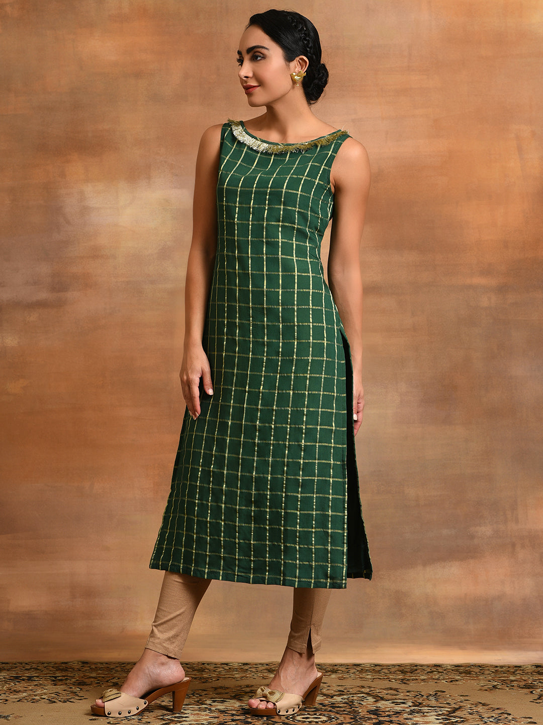 Green Woven Design Checked Kurta