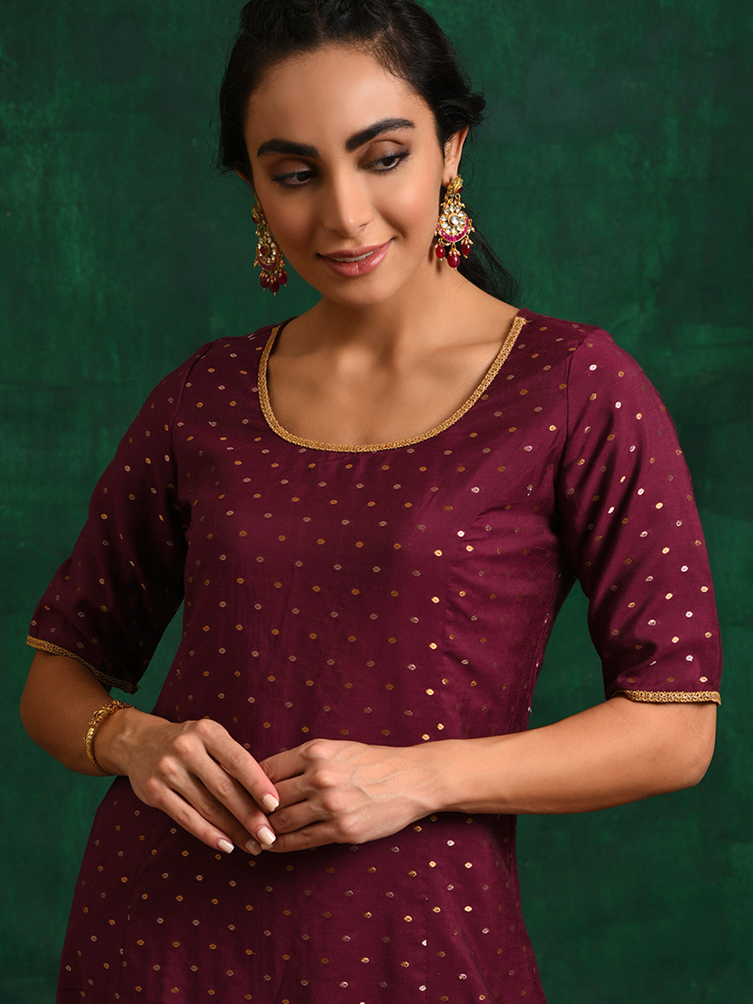 Burgundy Dobby Woven Design A-Line Kurta