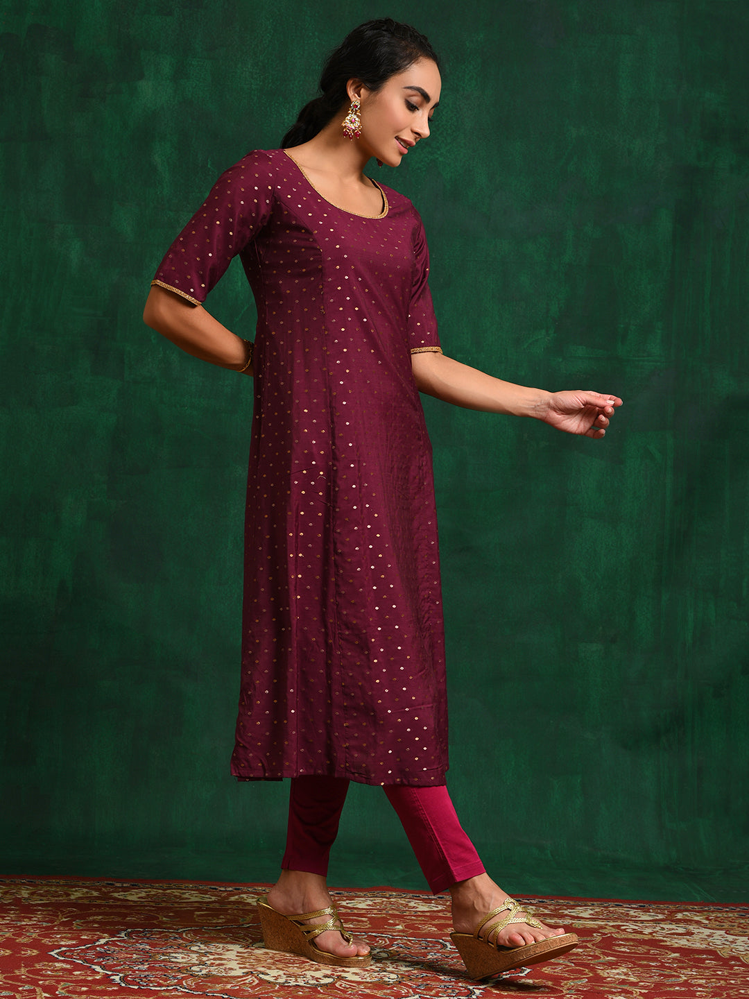 Burgundy Dobby Woven Design A-Line Kurta