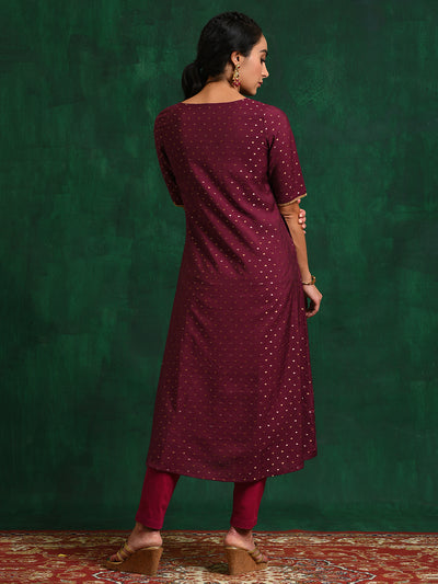 Burgundy Dobby Woven Design A-Line Kurta