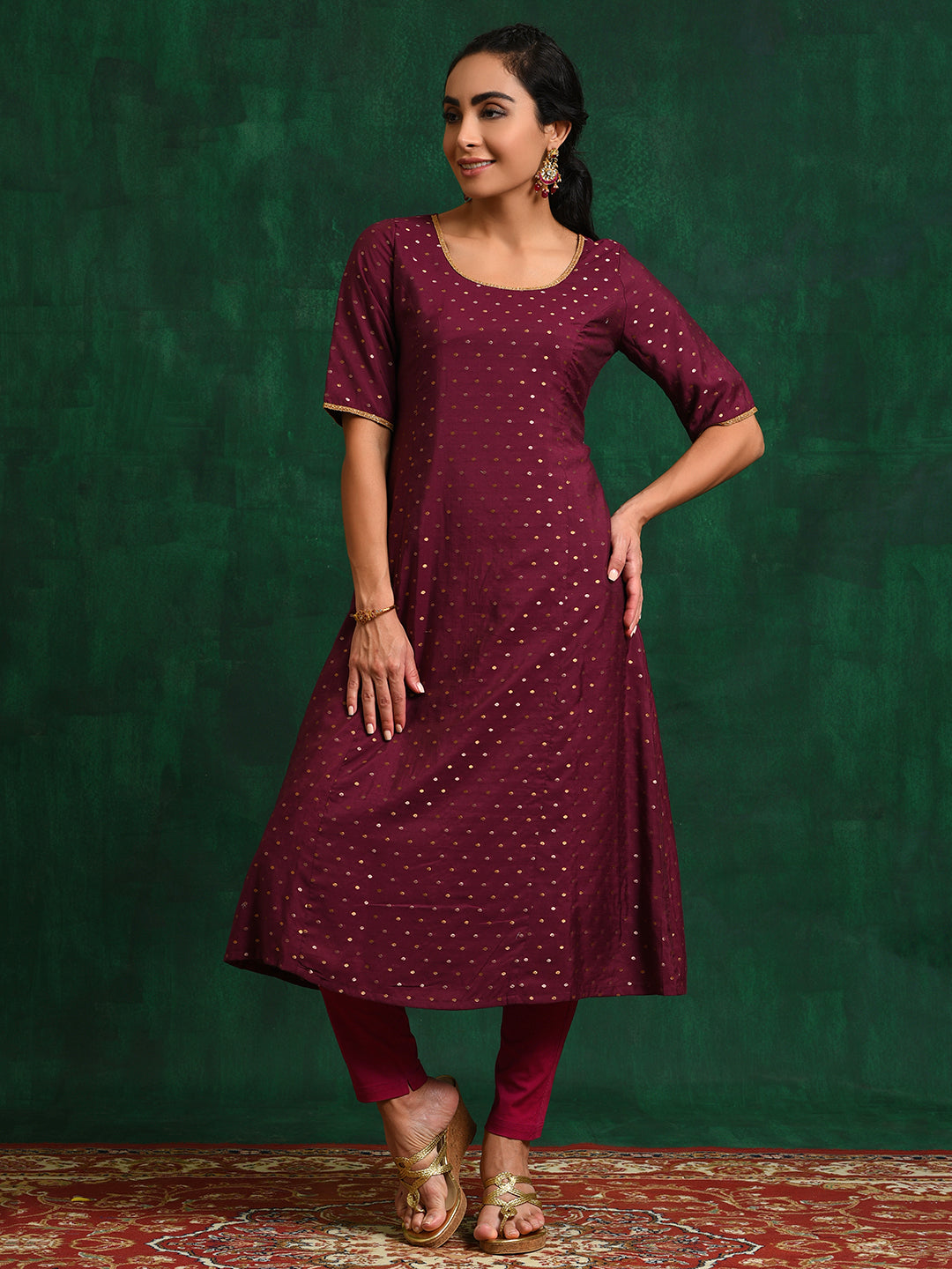 Burgundy Dobby Woven Design A-Line Kurta