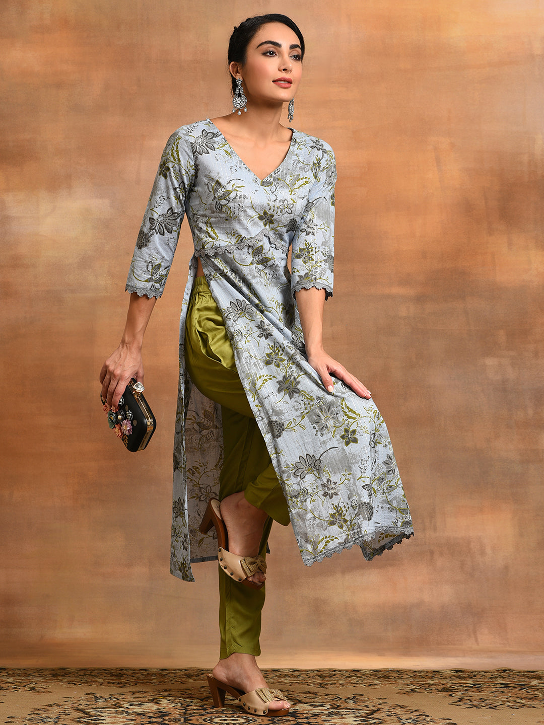 Grey Floral Print Lurex Design Kurta