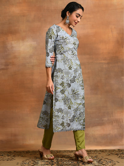 Grey Floral Print Lurex Design Kurta