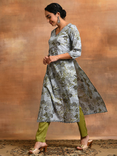 Grey Floral Print Lurex Design Kurta