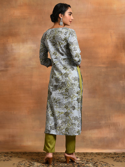 Grey Floral Print Lurex Design Kurta