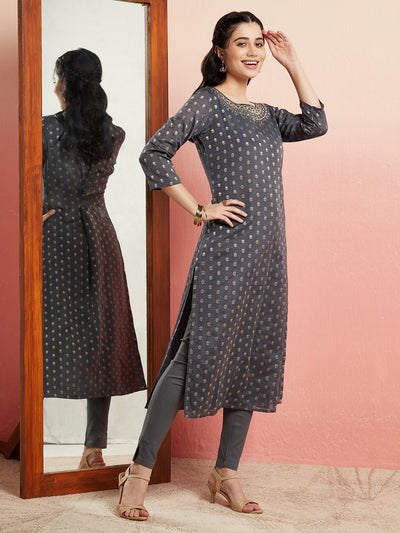 Grey Embellished Straight Kurta