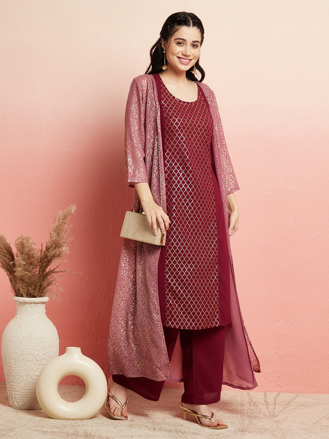 Burgundy Foil Printed Kurta Palazzo With Jacket