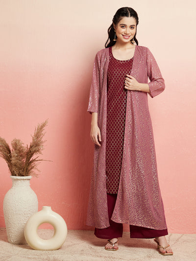 Burgundy Foil Printed Kurta Palazzo With Jacket