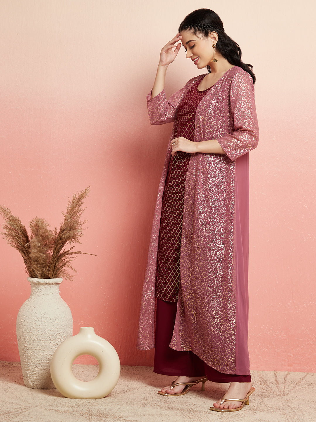 Burgundy Foil Printed Kurta Palazzo With Jacket