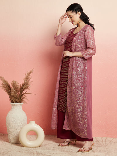 Burgundy Foil Printed Kurta Palazzo With Jacket