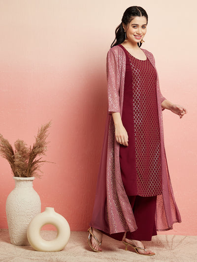 Burgundy Foil Printed Kurta Palazzo With Jacket