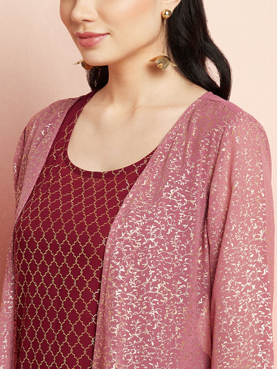 Burgundy Foil Printed Kurta Palazzo With Jacket