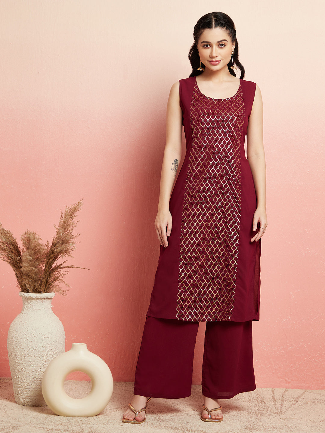 Burgundy Foil Printed Kurta Palazzo With Jacket