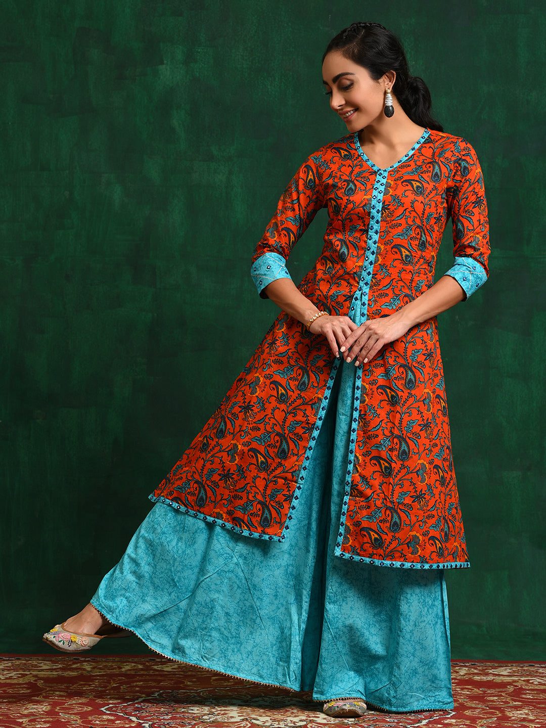 Orange & Blue Ethnic Motifs Kurta With Sharara