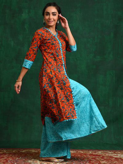 Orange & Blue Ethnic Motifs Kurta With Sharara