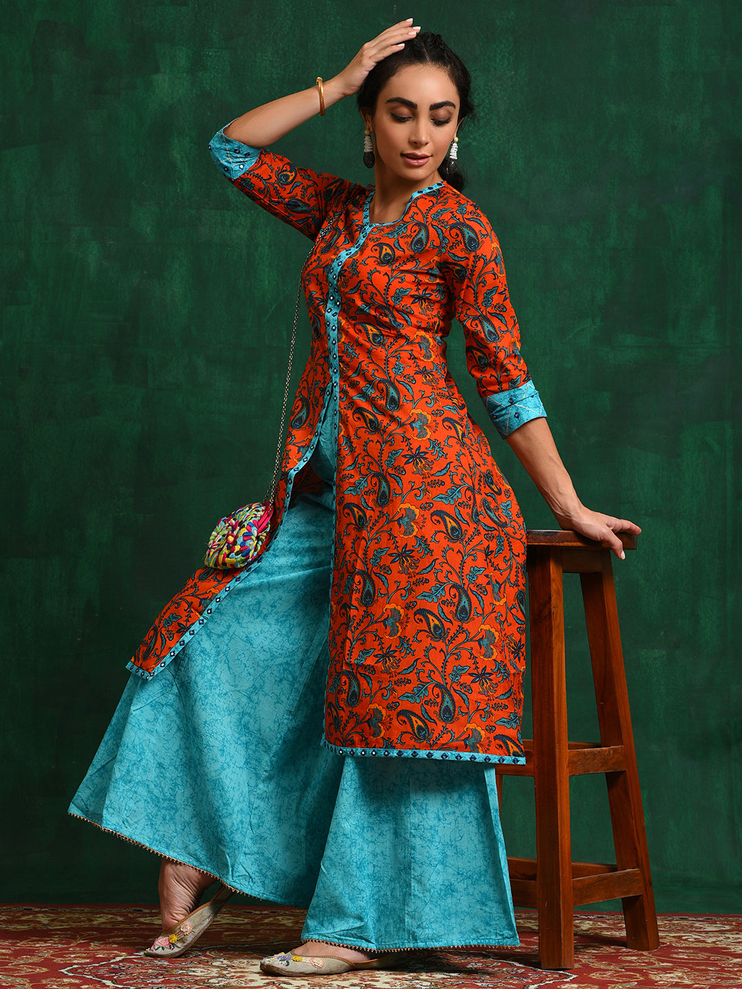 Orange & Blue Ethnic Motifs Kurta With Sharara