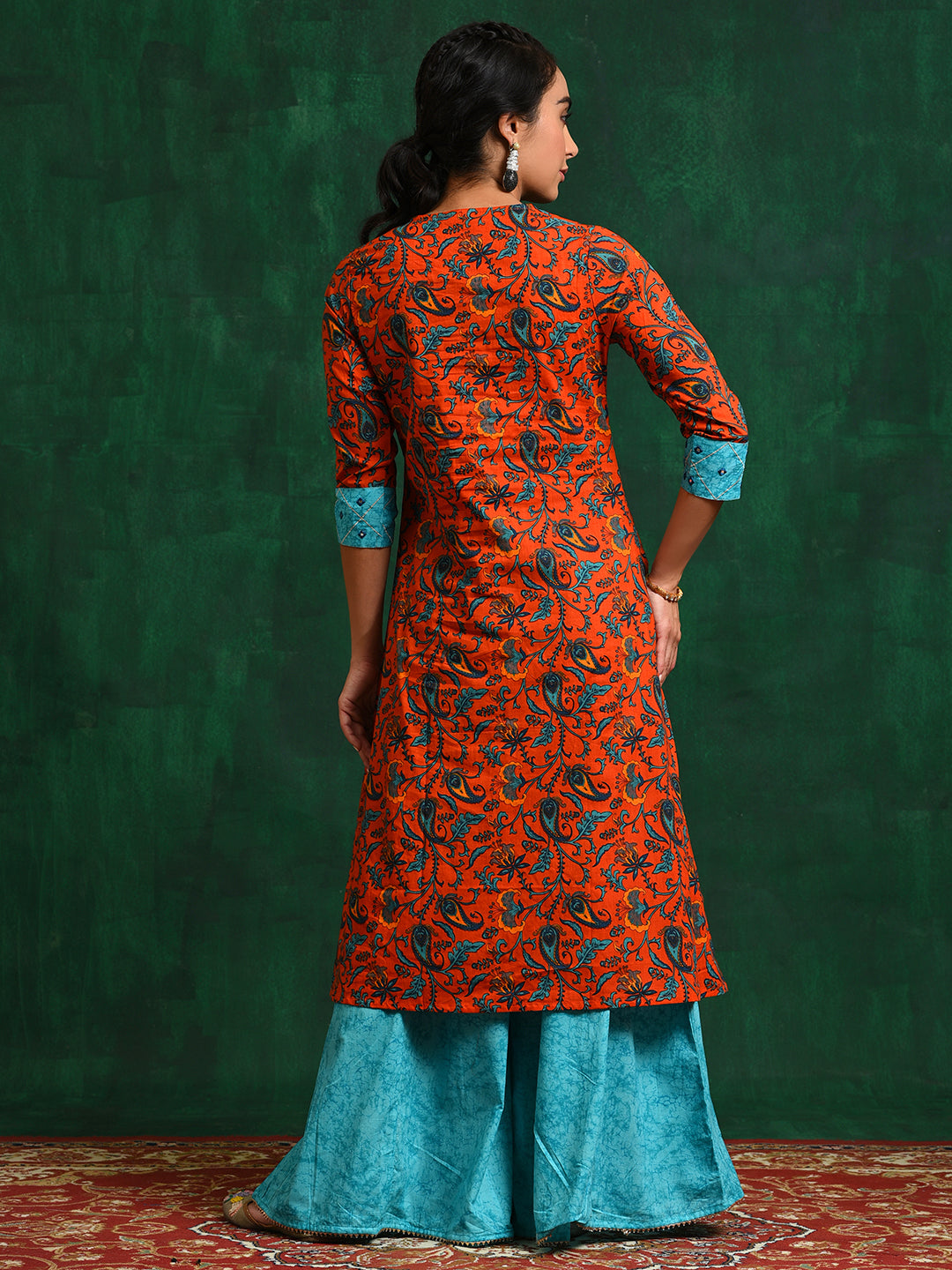 Orange & Blue Ethnic Motifs Kurta With Sharara