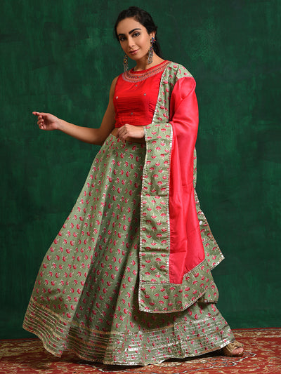 Sea Green Floral Print Lehenga Choli With Dupatta