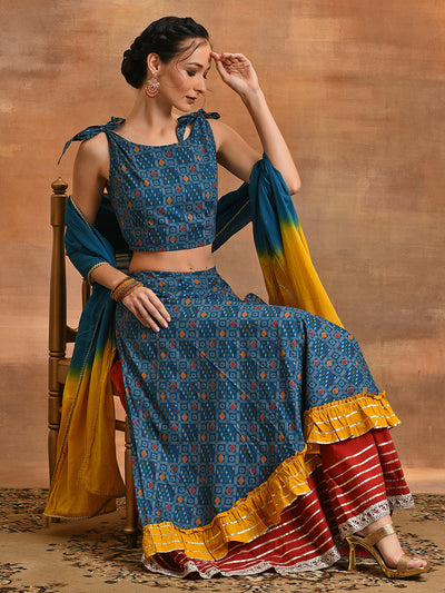 Blue Patola Print Layered Lehenga Choli With Dupatta