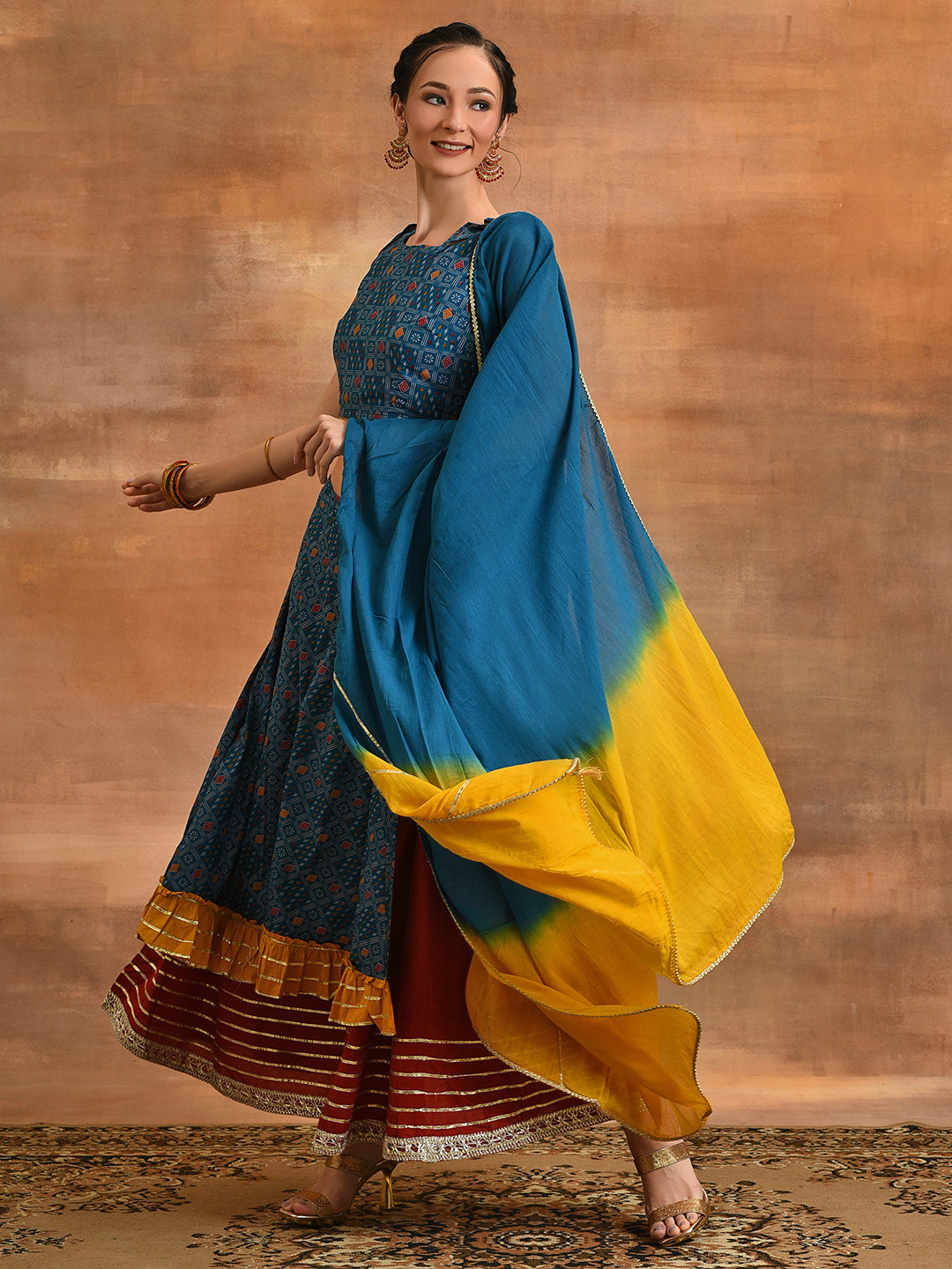 Blue Patola Print Layered Lehenga Choli With Dupatta