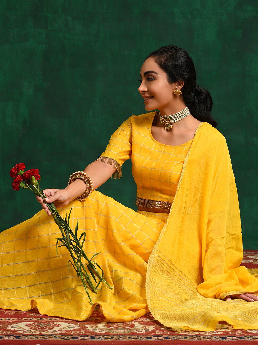 Yellow Checked Lehenga Choli With Dupatta