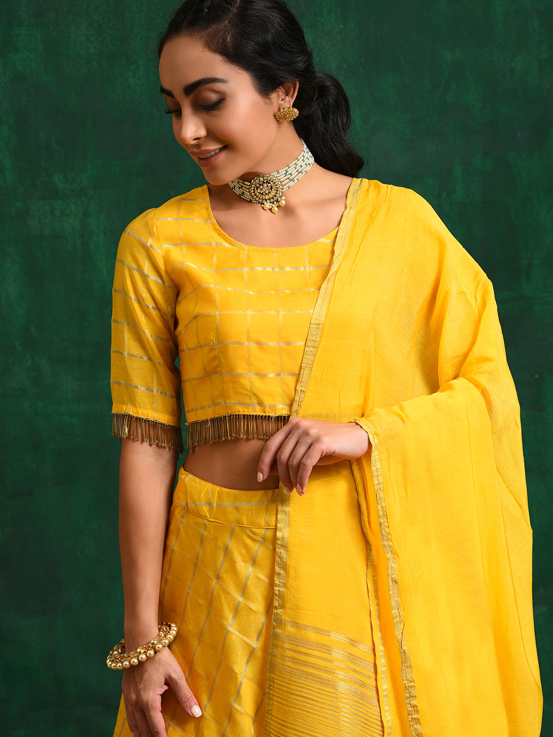 Yellow Checked Lehenga Choli With Dupatta