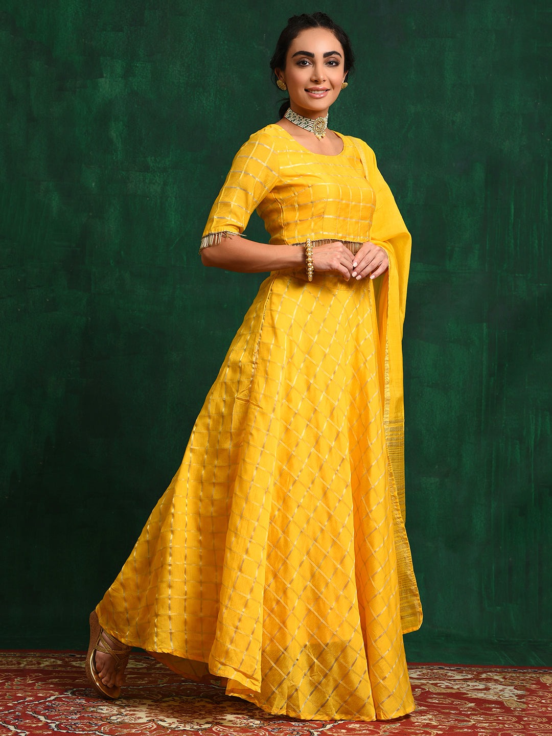 Yellow Checked Lehenga Choli With Dupatta