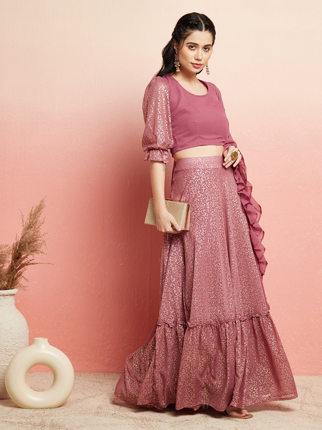 Mauve Gold Foil Printed Lehenga Choli With Ruffle Dupatta