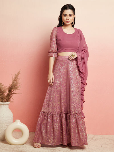 Mauve Gold Foil Printed Lehenga Choli With Ruffle Dupatta