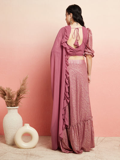 Mauve Gold Foil Printed Lehenga Choli With Ruffle Dupatta