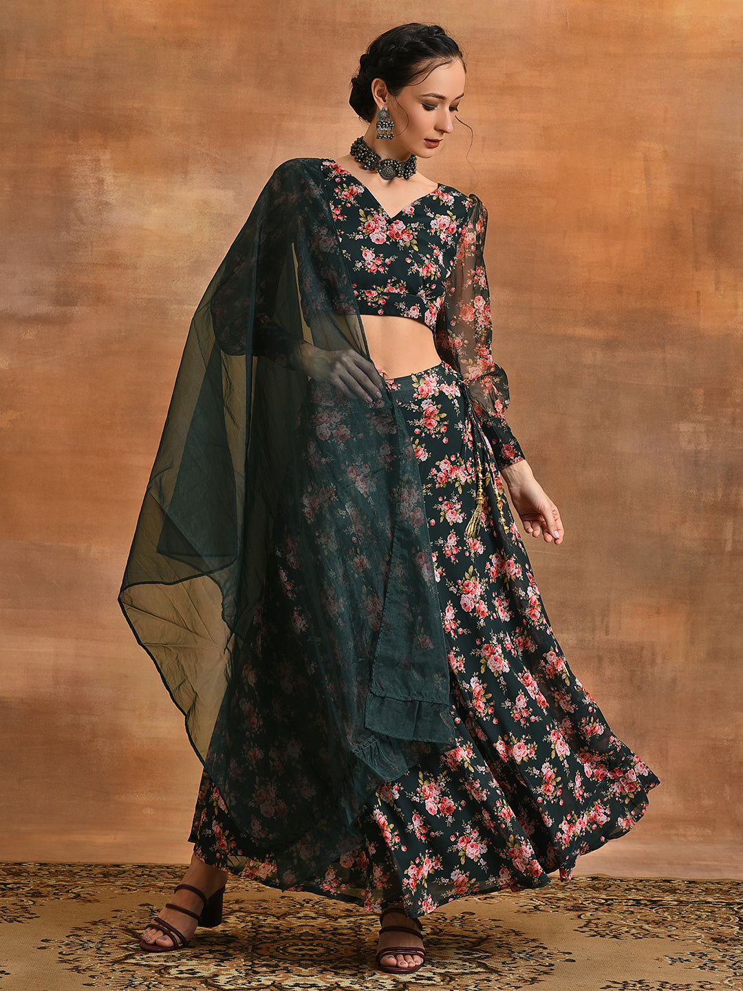 Dark Green  Floral Print Lehenga Choli With Dupatta