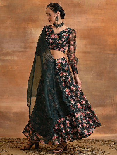 Dark Green  Floral Print Lehenga Choli With Dupatta