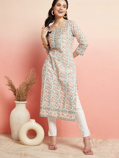 White Floral Print Straight Kurta