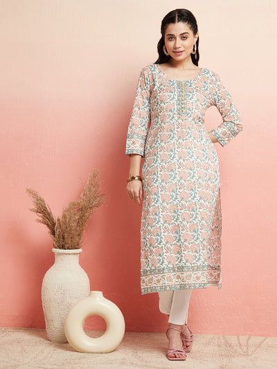 White Floral Print Straight Kurta