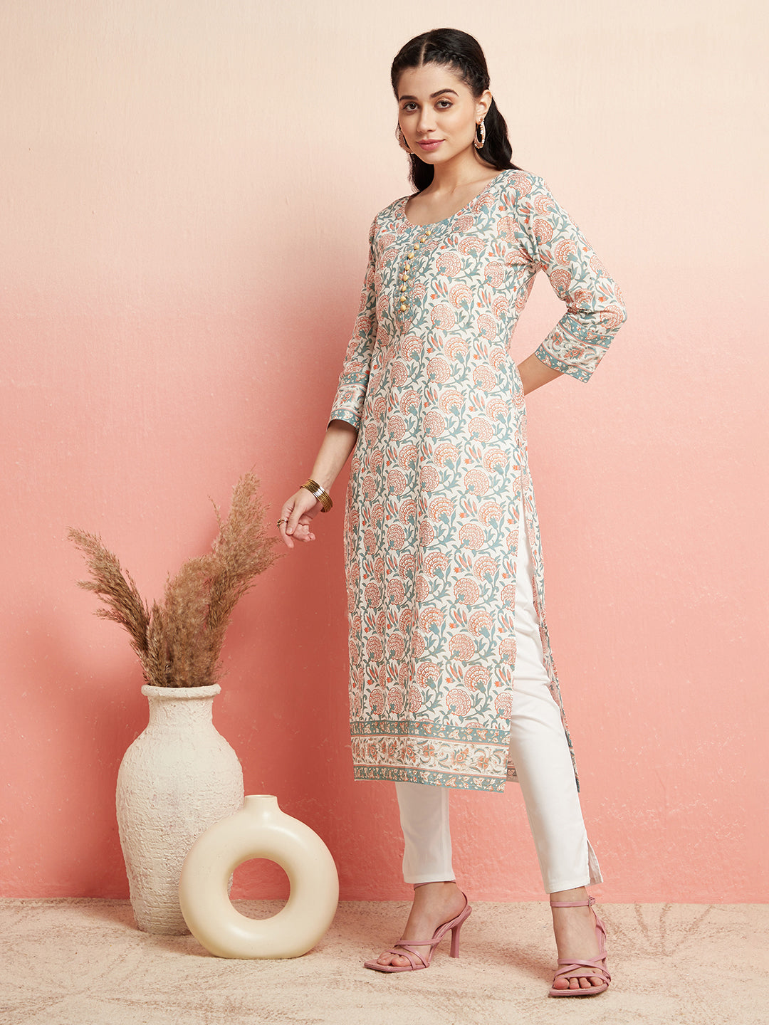 White Floral Print Straight Kurta