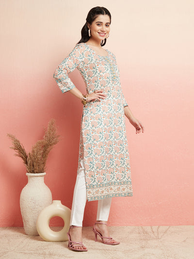 White Floral Print Straight Kurta