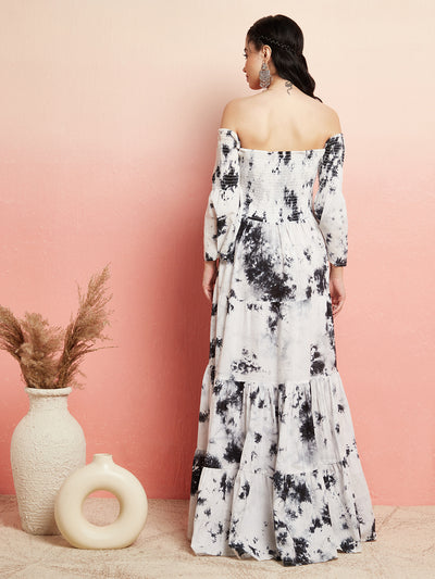White Tie & Dye Off-Shoulder Tiered Maxi Dress