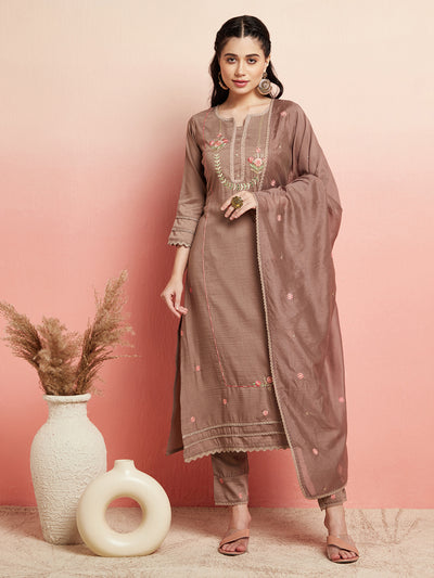 Brown Embroidered Kurta Pant With Dupatta