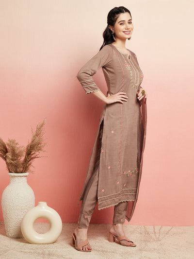 Brown Embroidered Kurta Pant With Dupatta
