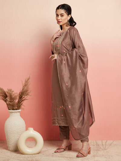 Brown Embroidered Kurta Pant With Dupatta