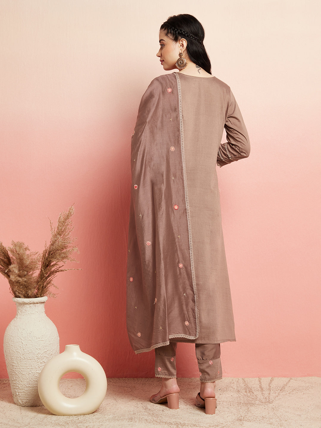 Brown Embroidered Kurta Pant With Dupatta