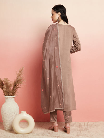 Brown Embroidered Kurta Pant With Dupatta
