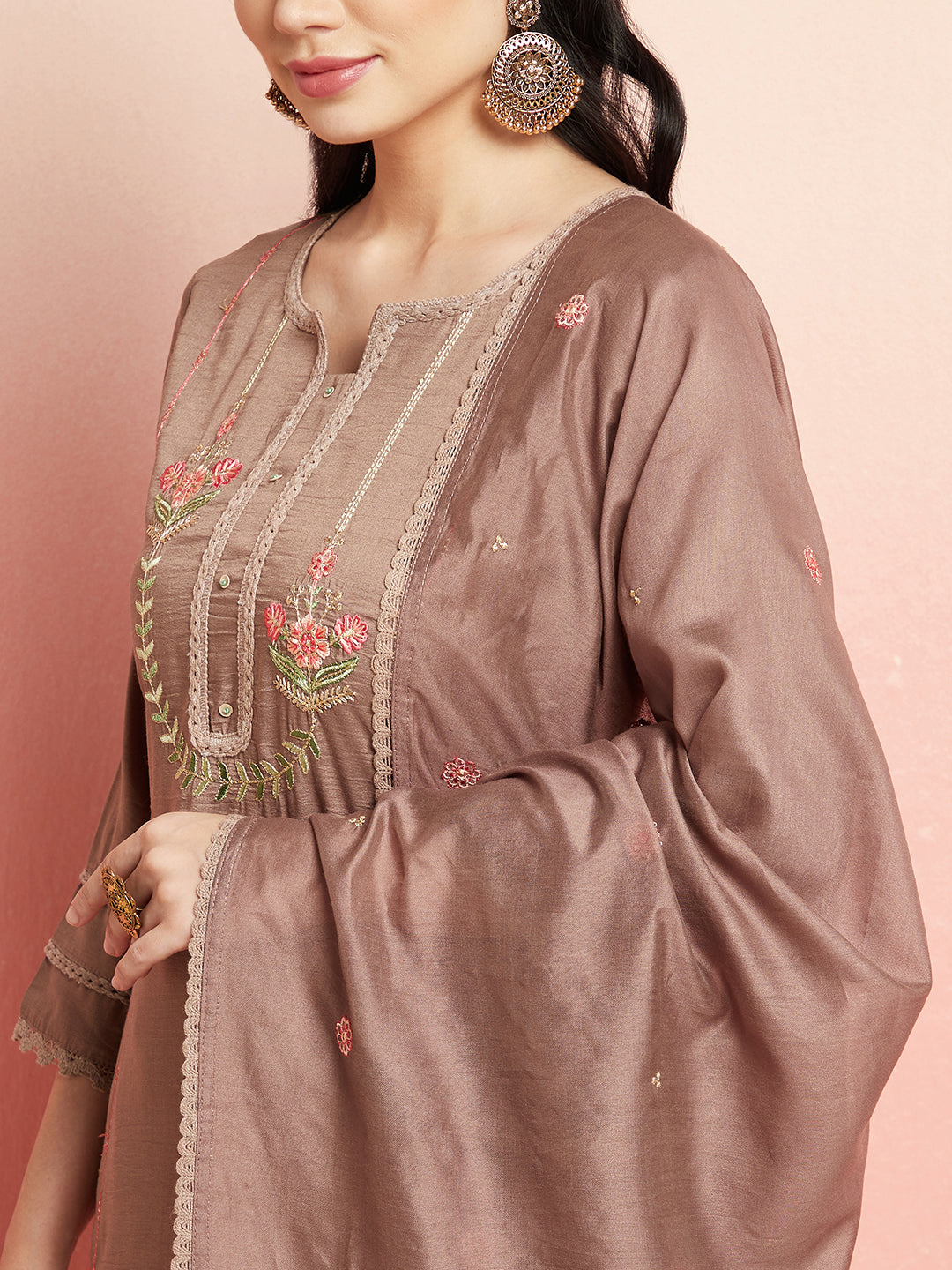 Brown Embroidered Kurta Pant With Dupatta