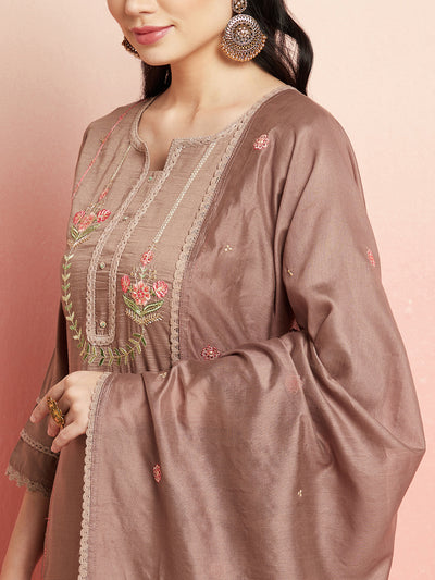 Brown Embroidered Kurta Pant With Dupatta