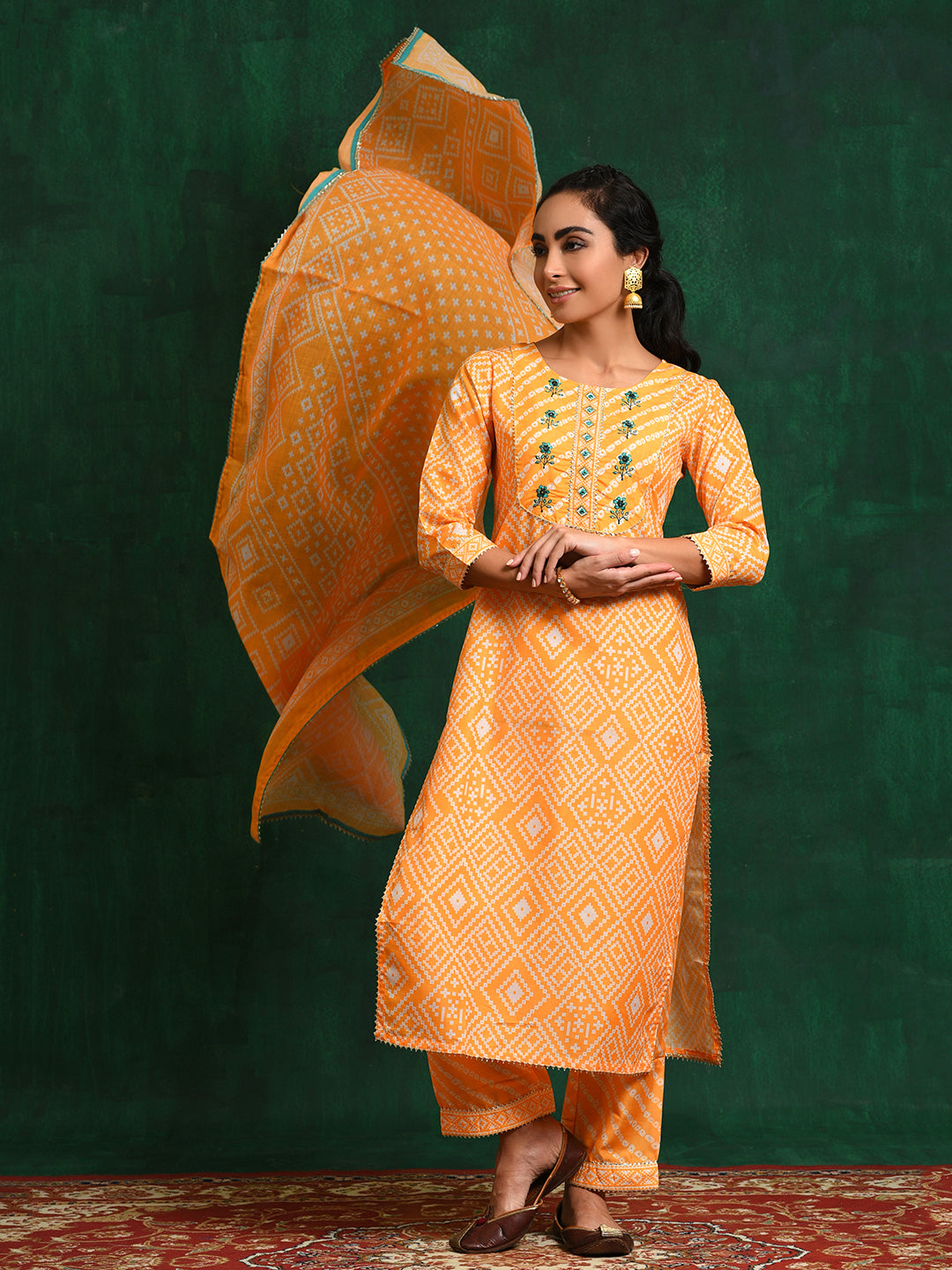 Yellow Bandhani Print Kurta Pant With Dupatta