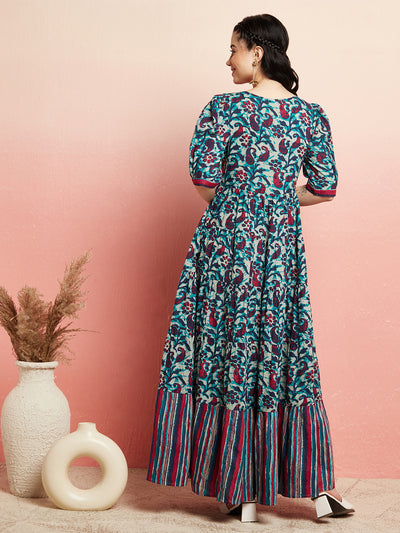 Blue Floral Printed Tiered Maxi Dress