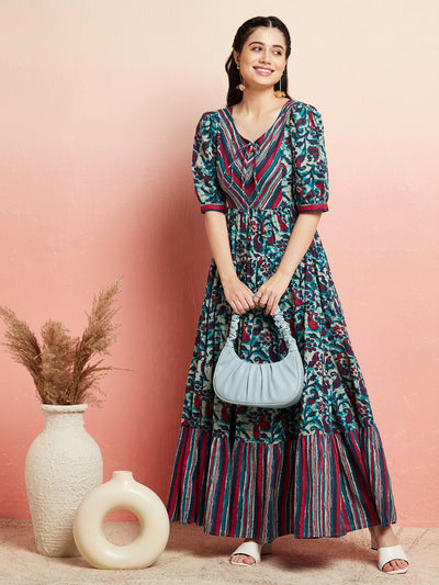 Blue Floral Printed Tiered Maxi Dress