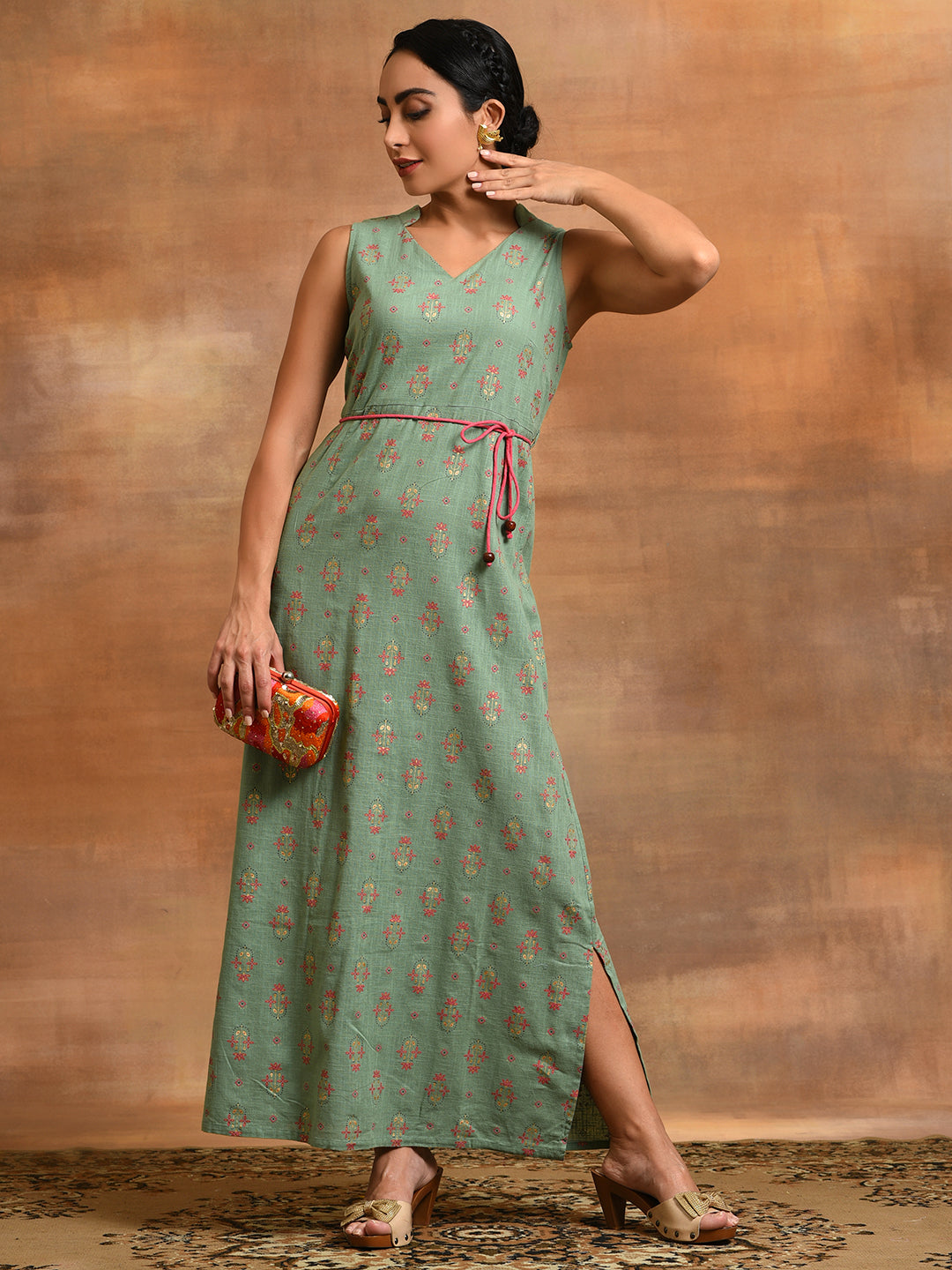 Sea Green Floral Print A-Line Maxi Dress